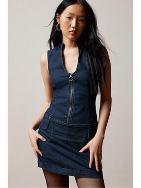 BDG Urban Outfitters Rowan Dark Blue Denim Jean Zip-Front Mini Skirt Dress Large